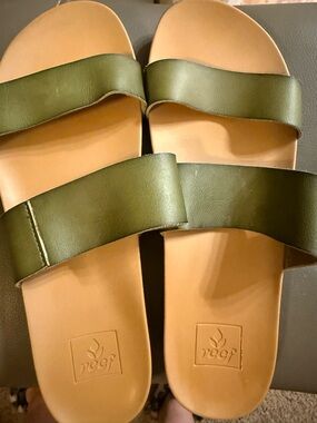 Reef Olive Green and Tan Double Strap Slide Sandals